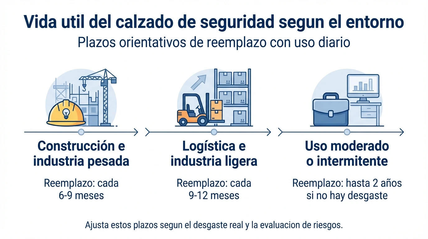 Diagrama de línea de tiempo con plazos de vida útil del calzado de seguridad según el tipo de trabajo
