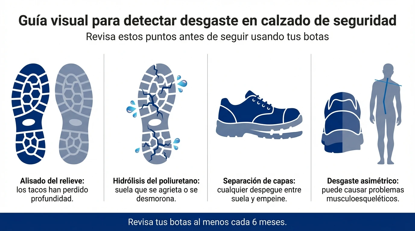 Infografía con cuatro signos visuales de desgaste en la suela del calzado de seguridad