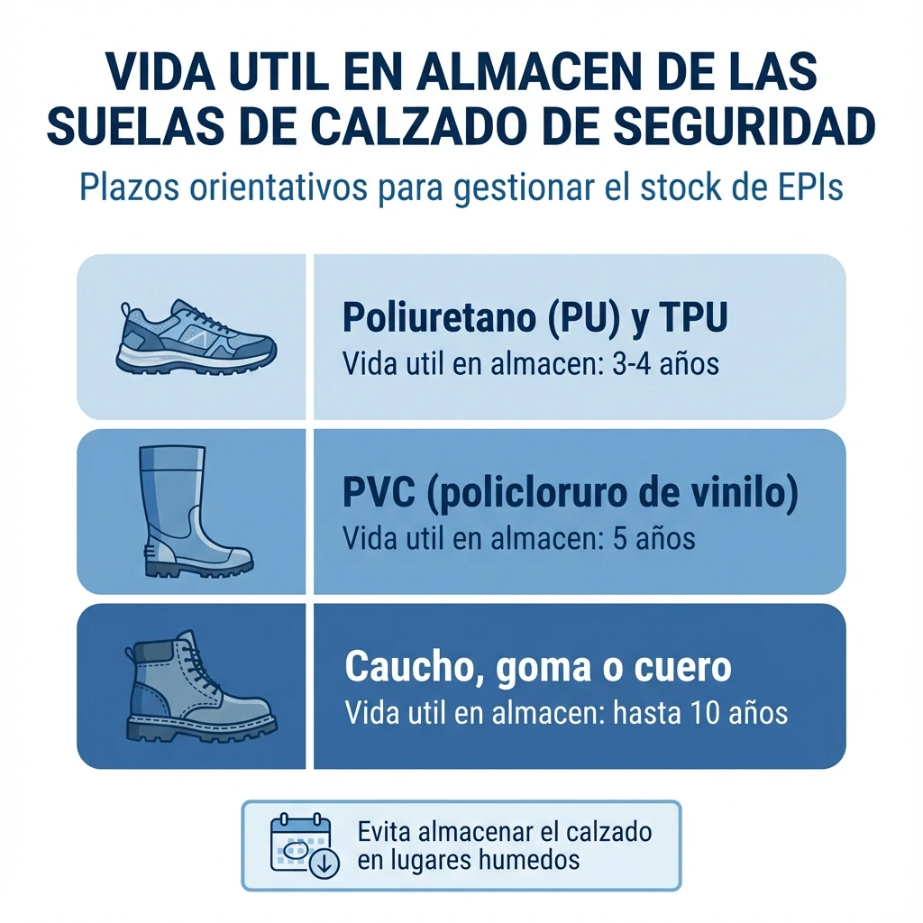 Infografía con tabla simplificada sobre la vida útil en almacén de diferentes materiales de suela