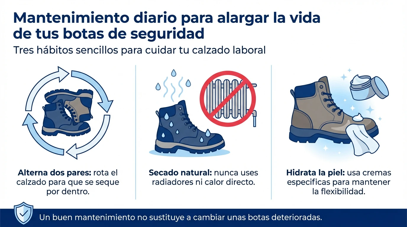 Infografía con tres recomendaciones visuales para el mantenimiento diario del calzado de seguridad