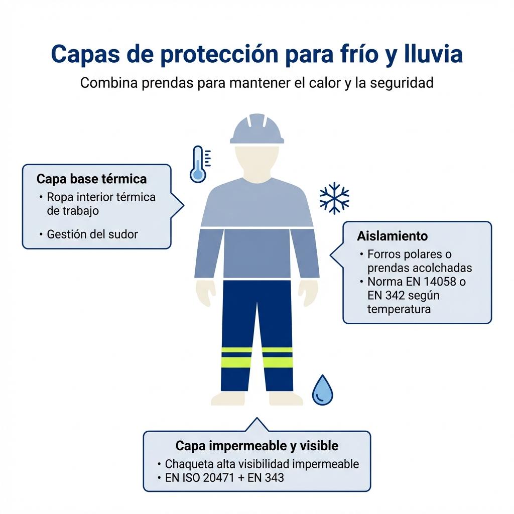 Diagrama que muestra las tres capas de vestuario recomendadas para trabajar con frío y lluvia