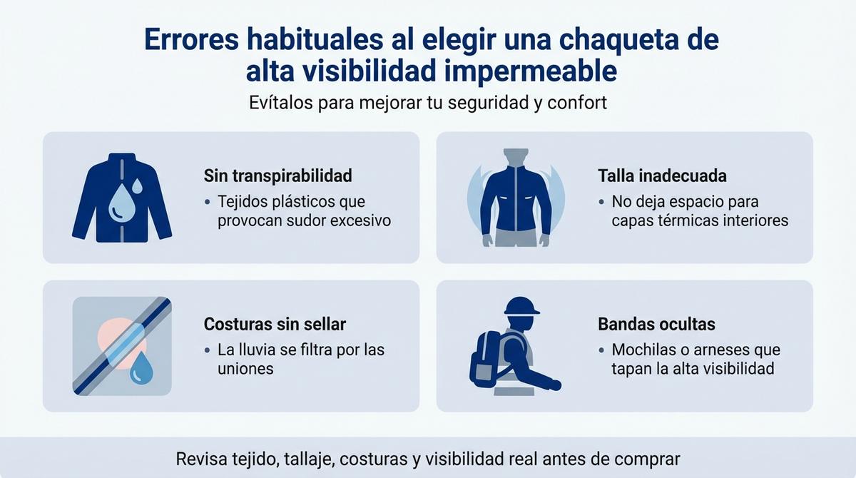 Infografía con cuatro errores comunes al elegir una chaqueta de alta visibilidad impermeable