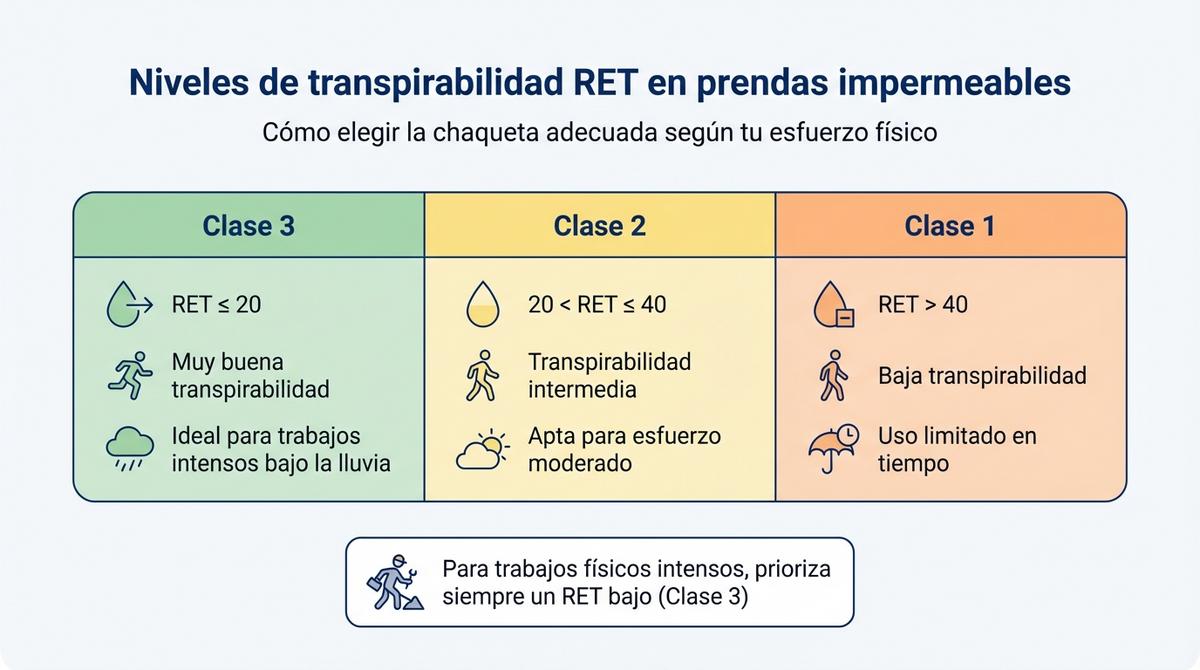 Infografía con tabla simplificada de los niveles de transpirabilidad RET Clase 1, 2 y 3 en prendas impermeables