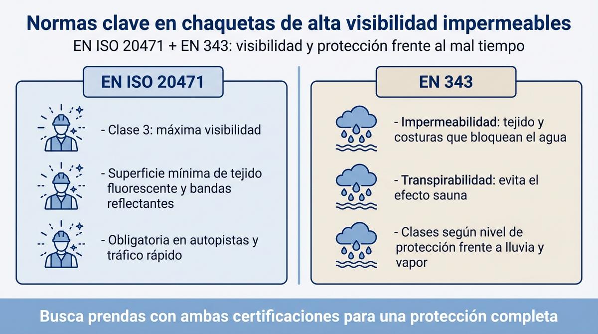 Infografía que compara la norma EN ISO 20471 de visibilidad con la norma EN 343 de protección contra la lluvia en chaquetas de trabajo