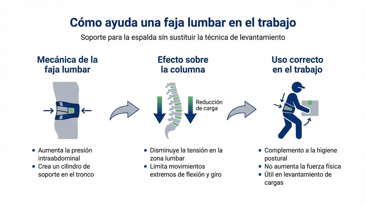Infografía sobre recomendaciones y errores frecuentes al usar una faja lumbar en el trabajo