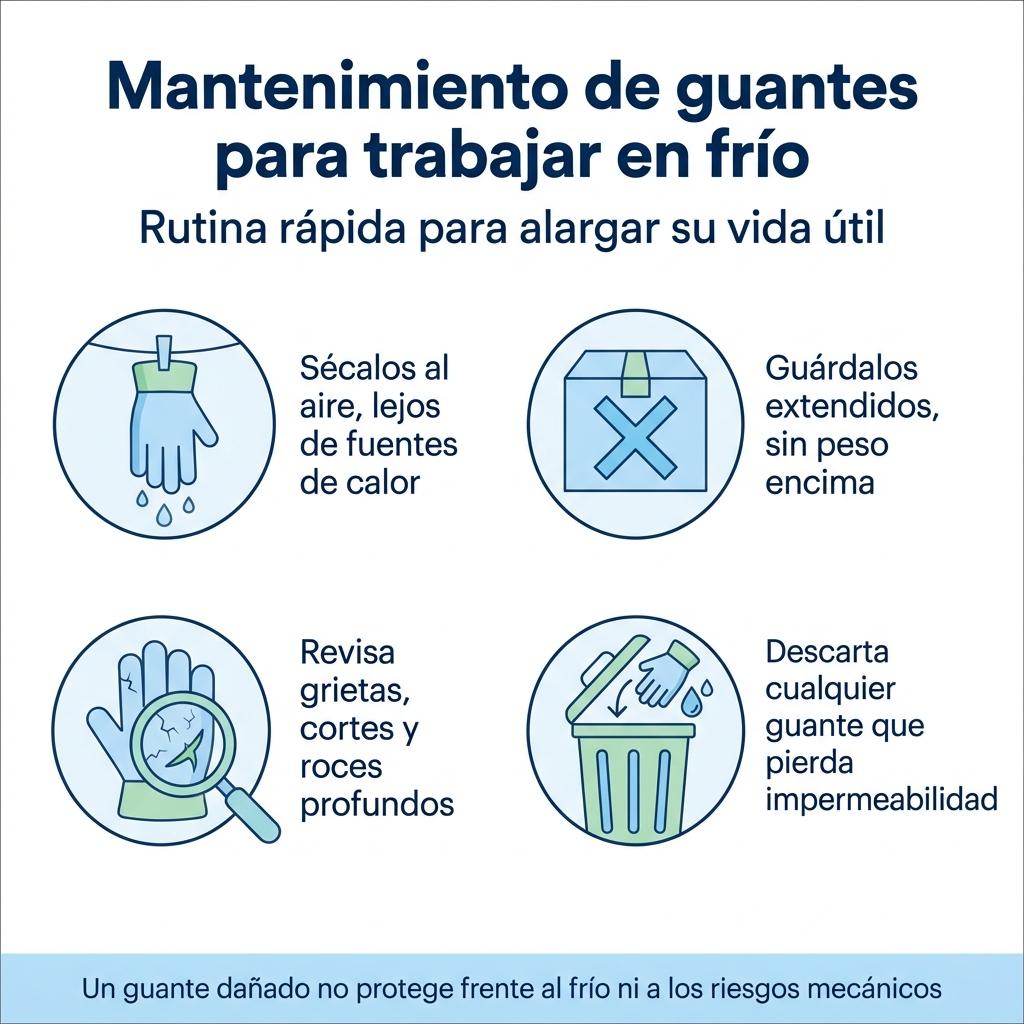 Checklist visual con recomendaciones básicas para mantener y revisar guantes para trabajar en frío.