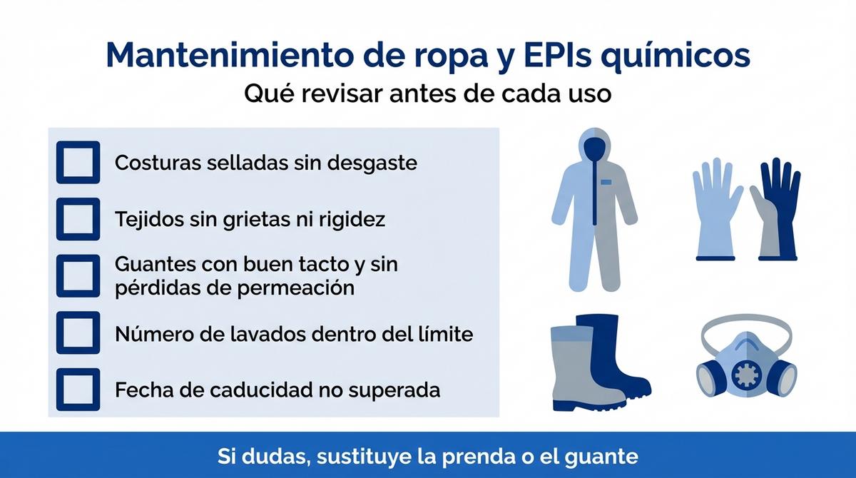 Checklist visual sobre mantenimiento y sustitución de ropa y EPIs frente a productos químicos.