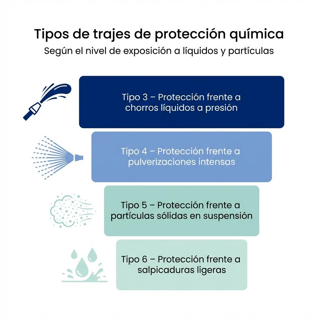 Diagrama escalonado que compara los tipos de trajes de protección química 3, 4, 5 y 6.
