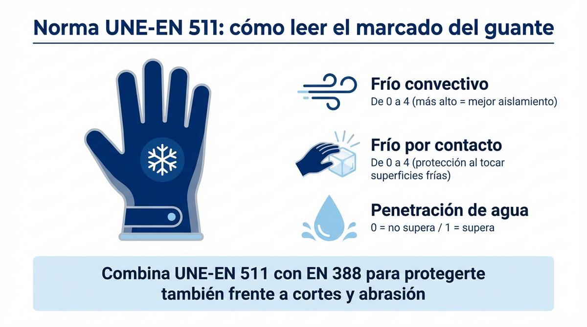Diagrama que explica de forma visual los tres niveles de protección de la norma UNE-EN 511 para guantes contra el frío.