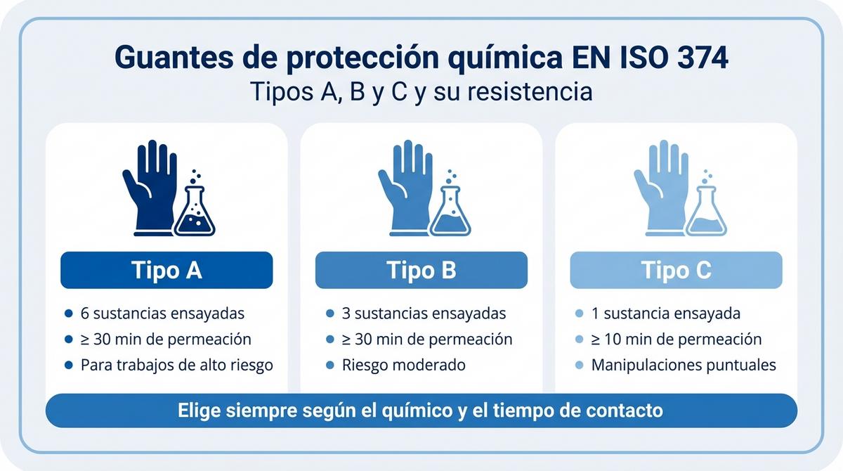 Infografía comparativa de los tipos de guantes de protección química A, B y C según la norma EN ISO 374.