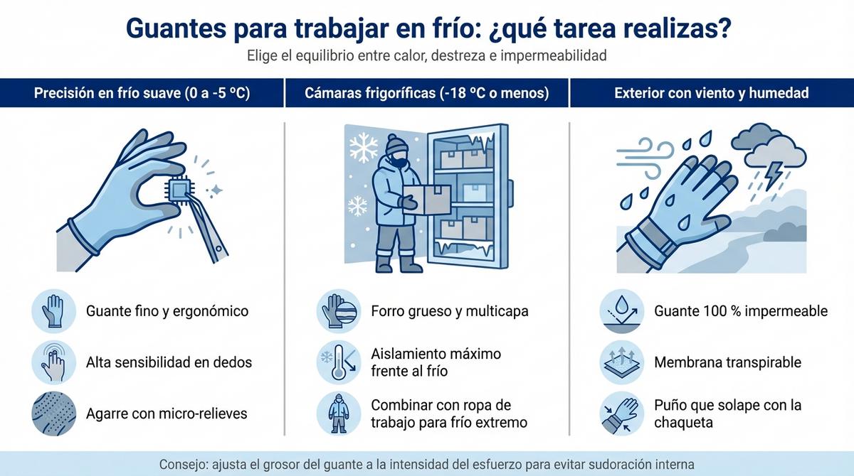 Infografía comparativa sobre tipos de guantes para trabajar en frío según la tarea y la temperatura.