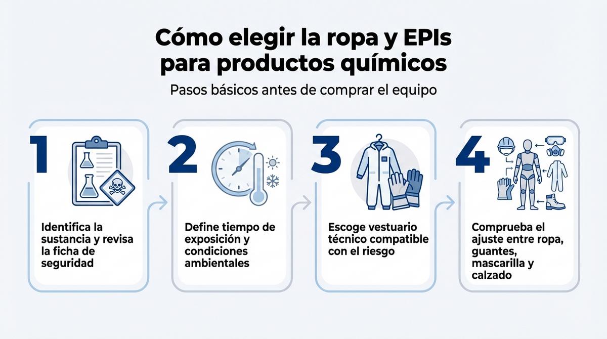 Infografía con los pasos clave para elegir ropa y EPIs al trabajar con productos químicos.