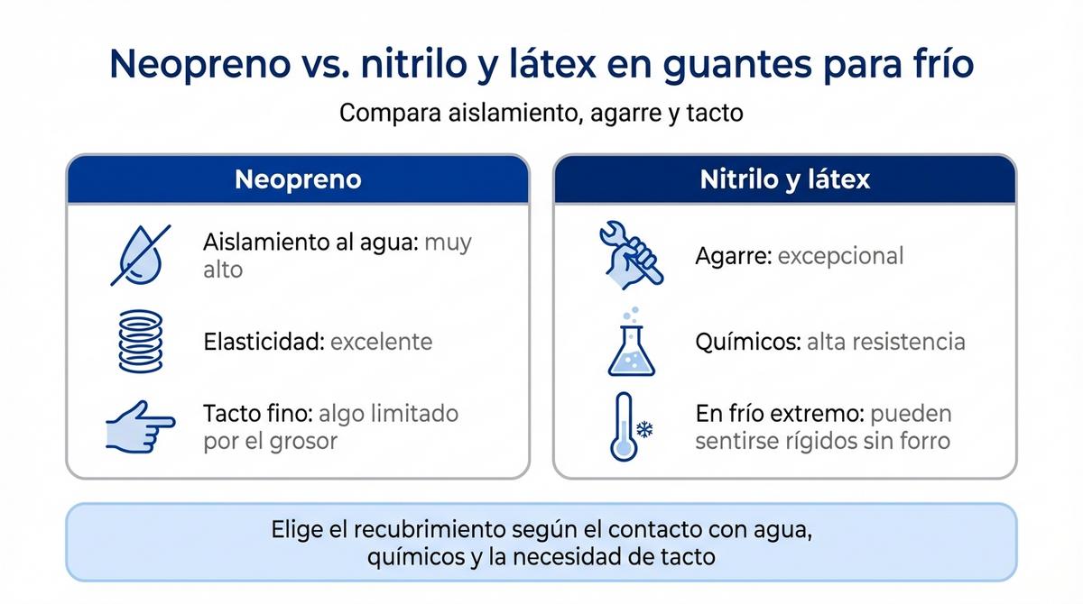 Infografía que compara neopreno con nitrilo y látex en guantes de protección para frío.