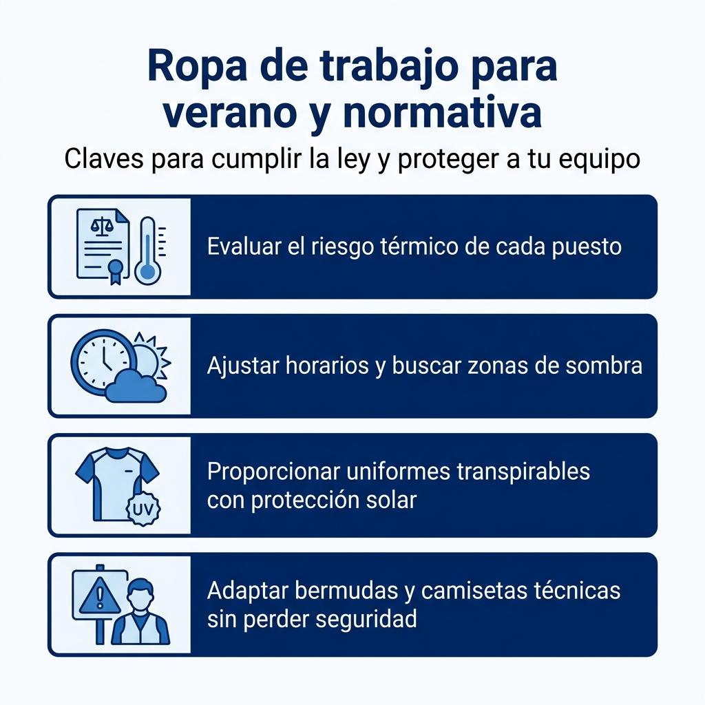 Diagrama con una checklist visual sobre pautas legales y selección de ropa de trabajo para verano.