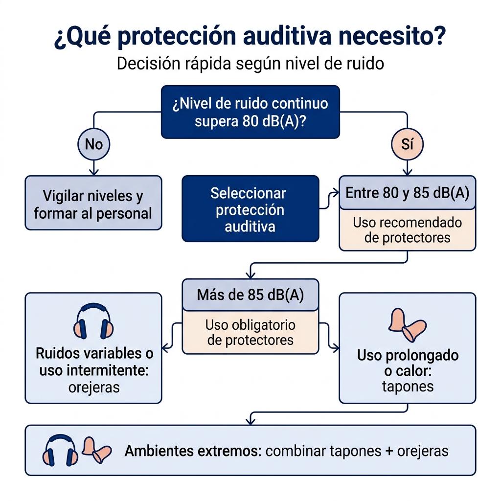 Diagrama de decisión que ayuda a elegir entre orejeras, tapones o combinación de ambos según el nivel de ruido.
