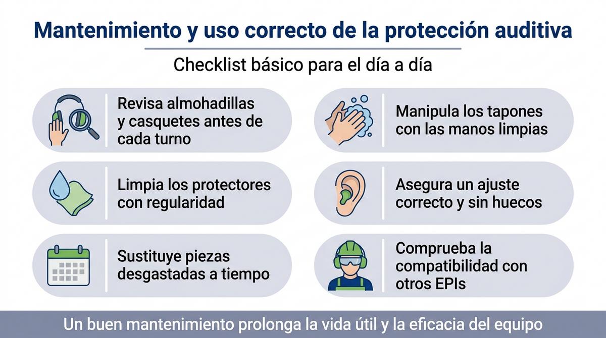 Infografía checklist sobre mantenimiento, higiene y uso correcto de protectores auditivos en el entorno laboral.