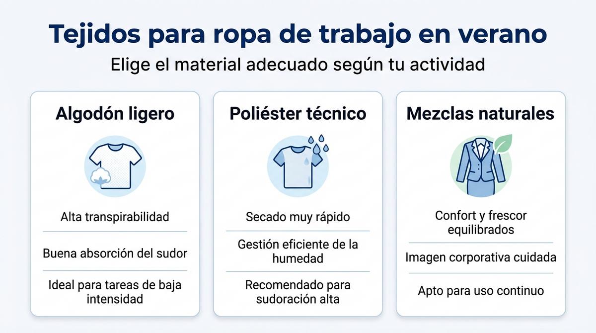 Infografía comparativa de tejidos recomendados para ropa de trabajo de verano como algodón ligero, poliéster técnico y mezclas naturales.