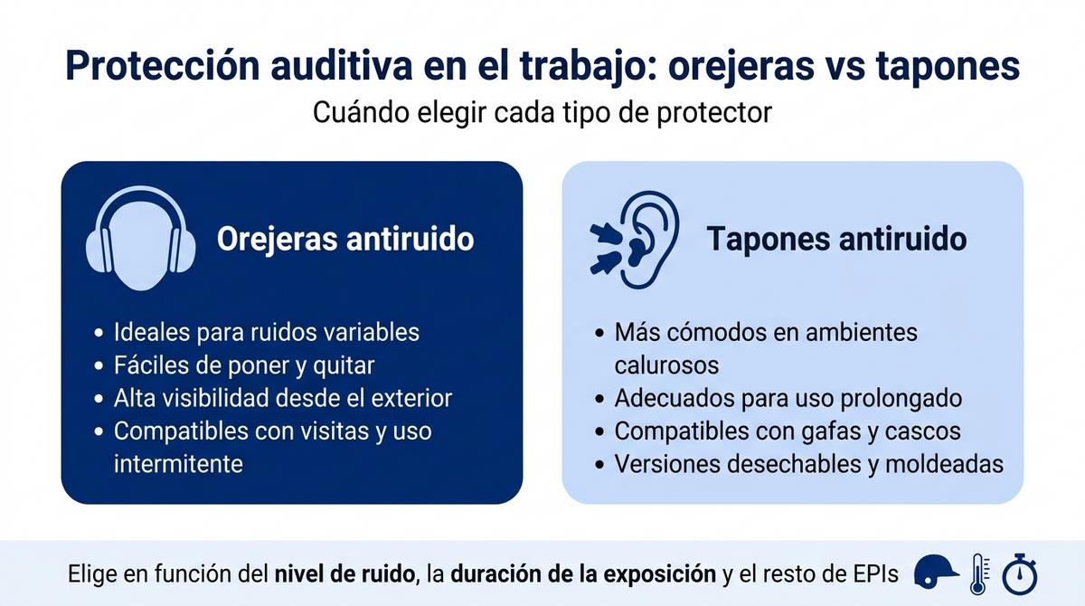 Infografía comparativa que muestra las diferencias entre orejeras antiruido y tapones de protección auditiva en el trabajo.