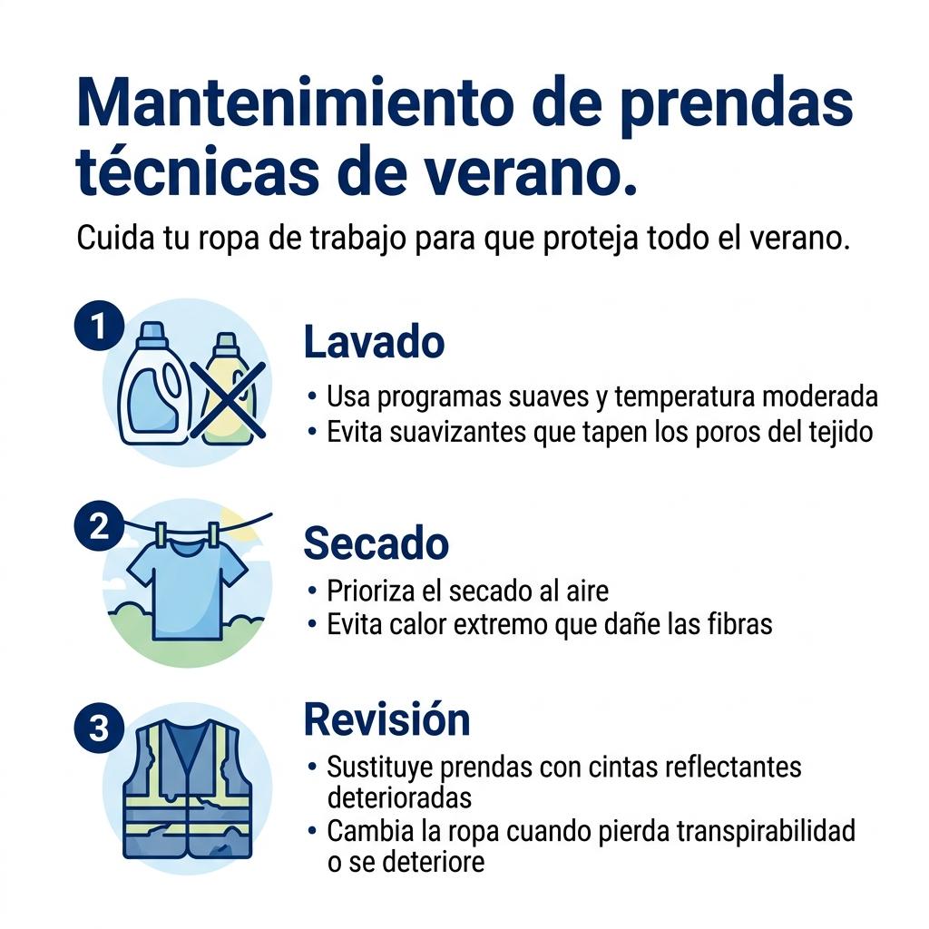 Infografía con buenas prácticas de lavado, secado y revisión de ropa de trabajo técnica para verano.