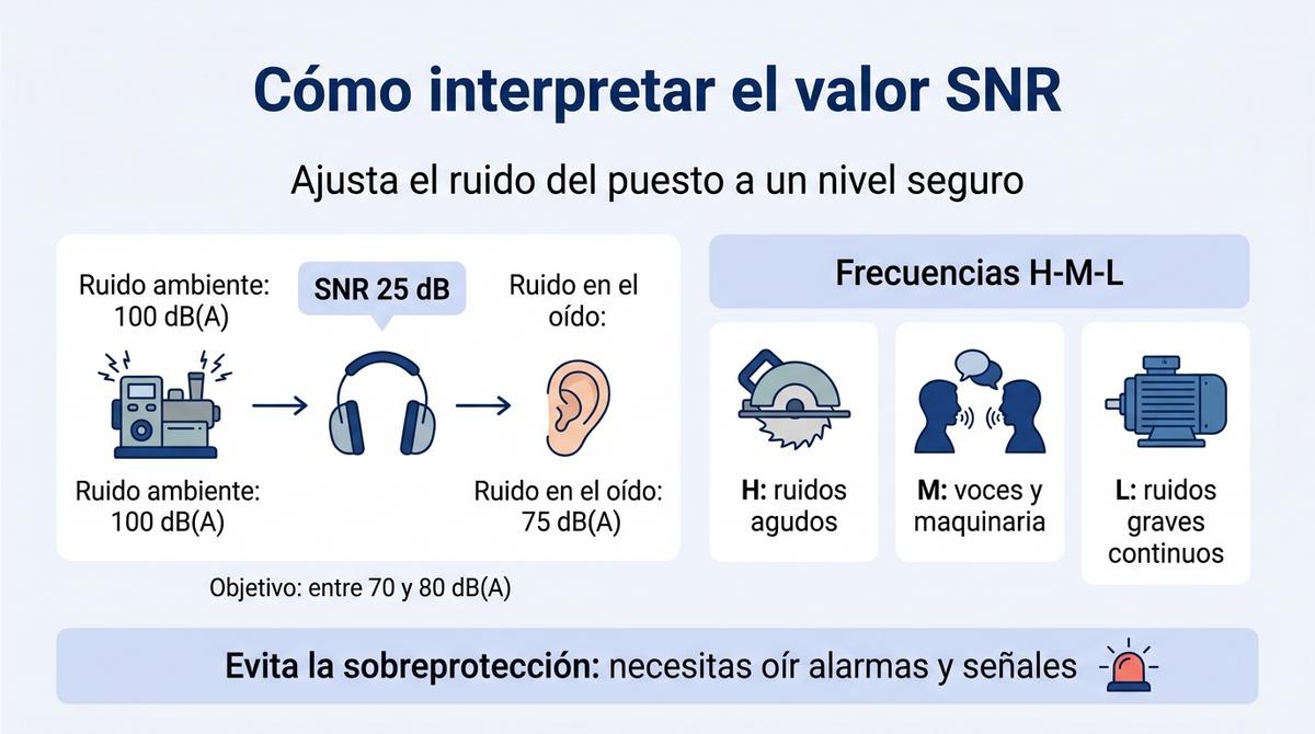 Infografía que explica con ejemplos cómo usar el valor SNR y las frecuencias H-M-L en protectores auditivos.