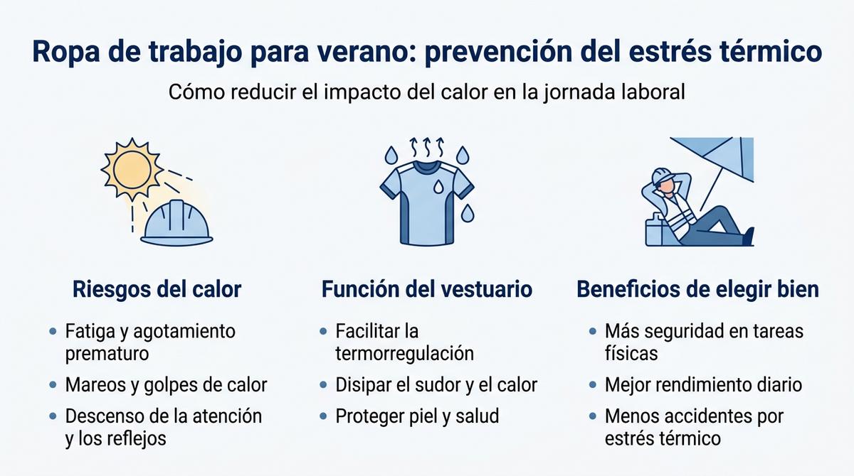 Infografía sobre cómo la ropa de trabajo para verano ayuda a prevenir el estrés térmico en trabajadores.