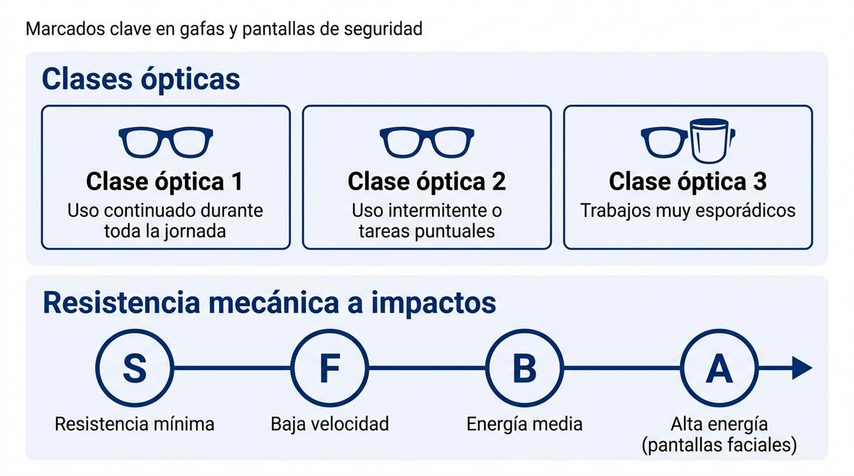 Diagrama con las clases ópticas y niveles de resistencia mecánica en gafas y pantallas de protección