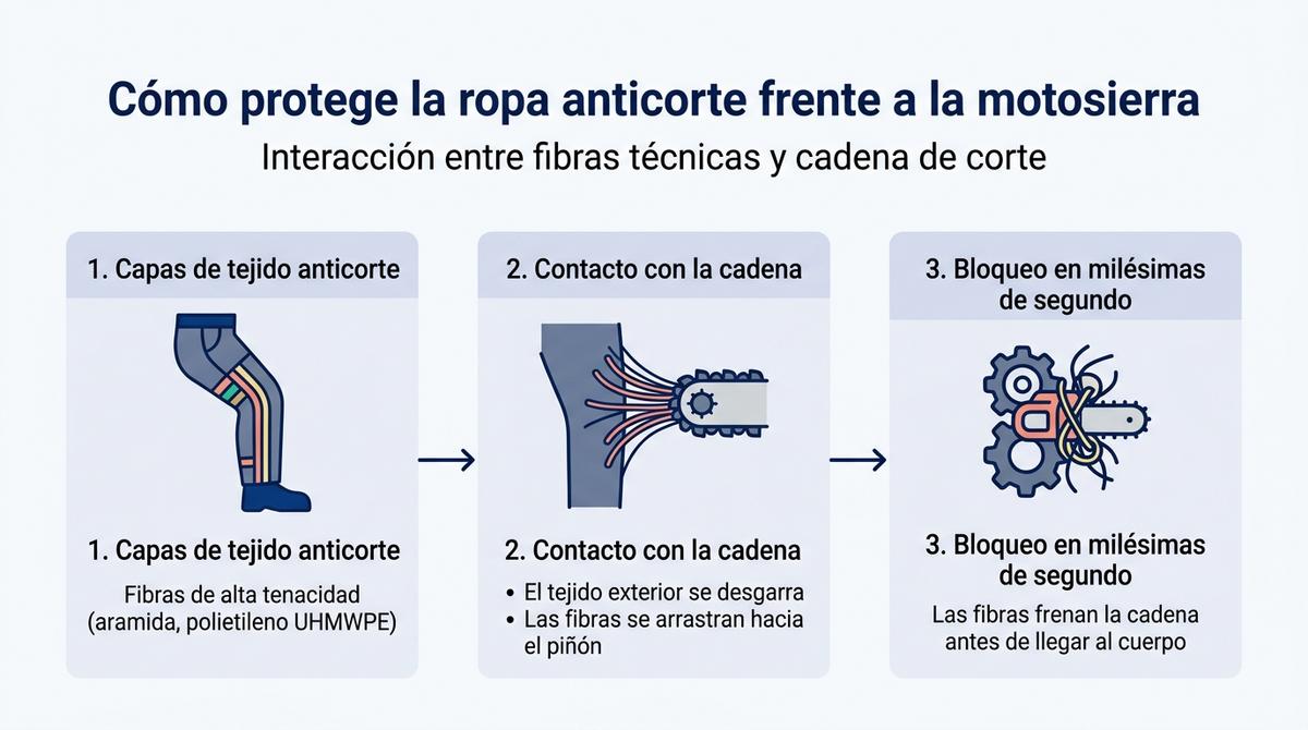 Diagrama que muestra el proceso de bloqueo de la cadena de la motosierra por las fibras internas de la ropa anticorte.