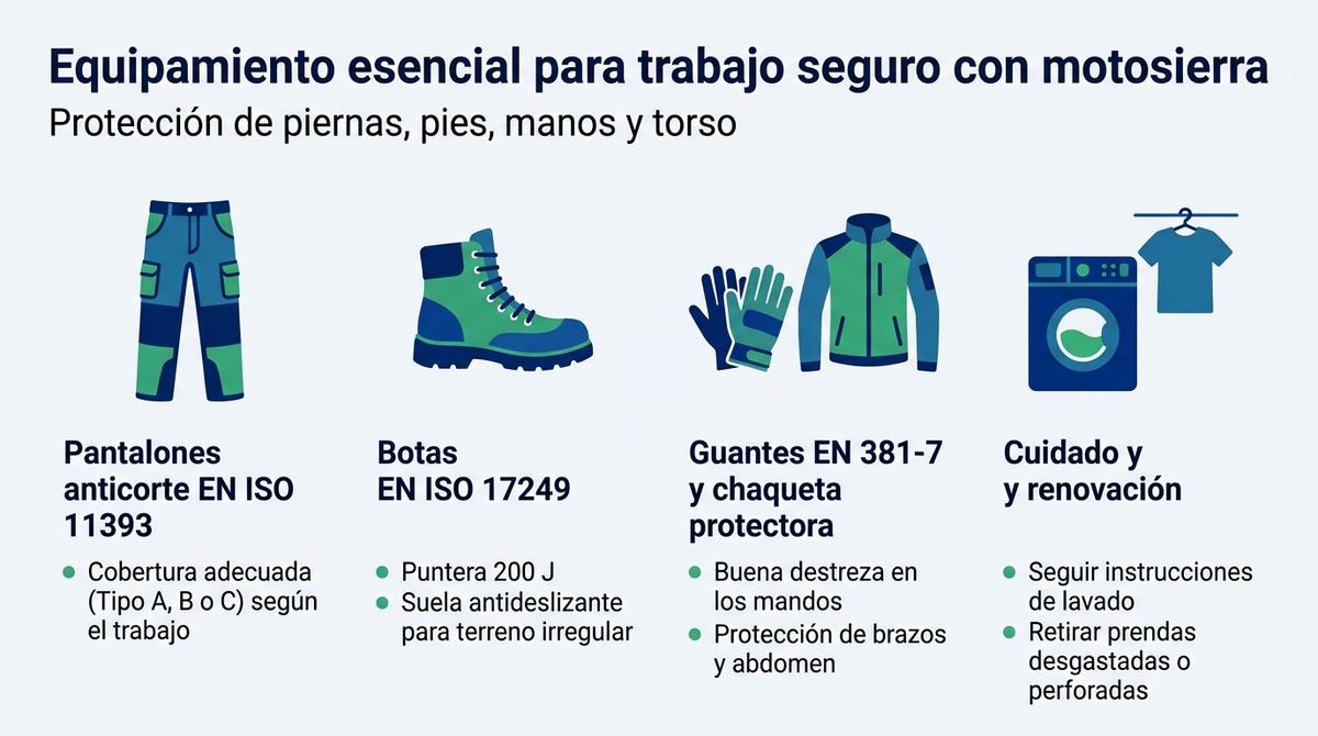 Infografía con checklist del equipamiento anticorte esencial para trabajos con motosierra y sus requisitos básicos.
