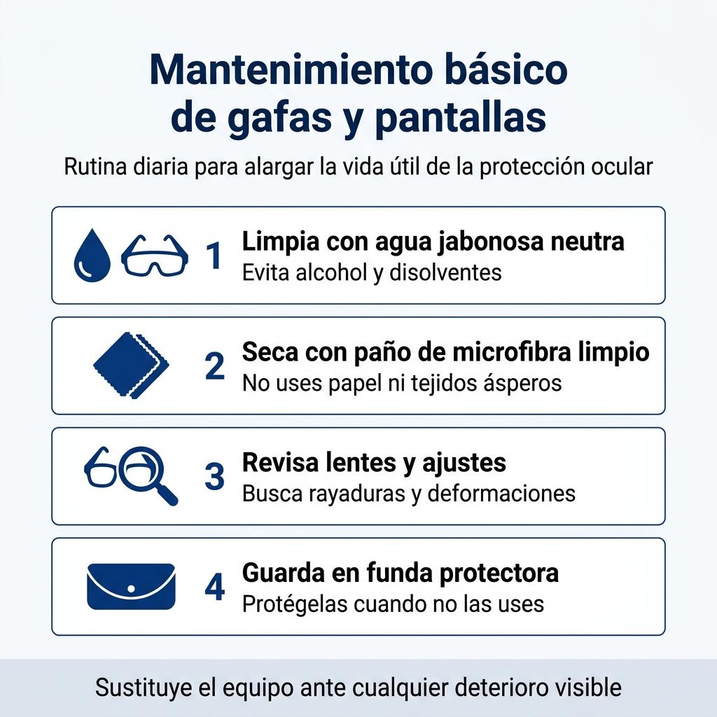 Infografía con pasos básicos para el mantenimiento y limpieza de gafas y pantallas de protección