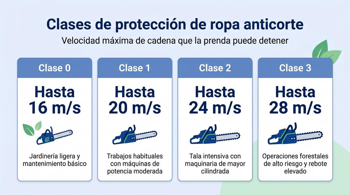 Infografía que compara las clases de protección de ropa anticorte según la velocidad de la cadena de la motosierra.