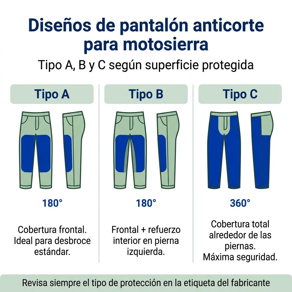 Infografía que muestra los tipos de pantalón forestal anticorte A, B y C y su superficie de protección en las piernas.