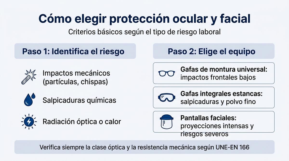 Infografía que resume los pasos para elegir protección ocular y facial según el tipo de riesgo laboral