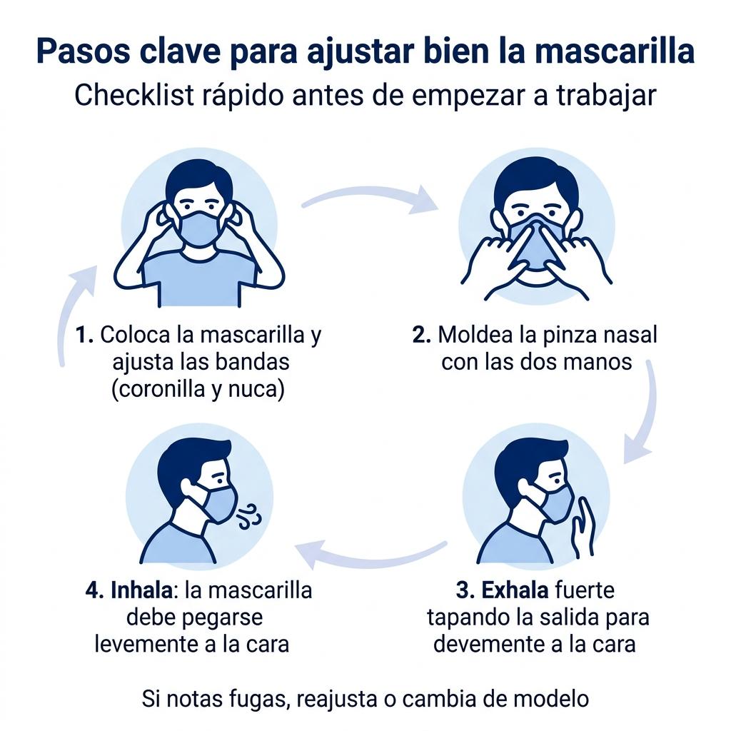 Diagrama con los pasos básicos para comprobar el ajuste hermético de una mascarilla de protección respiratoria