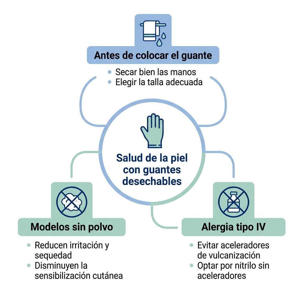 Diagrama sobre prevención de dermatitis y alergias al usar guantes desechables de trabajo.