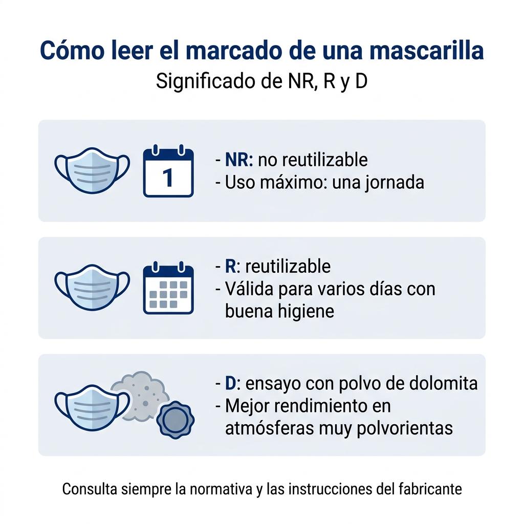 Diagrama visual que explica el significado de los marcados NR, R y D en las mascarillas de protección respiratoria