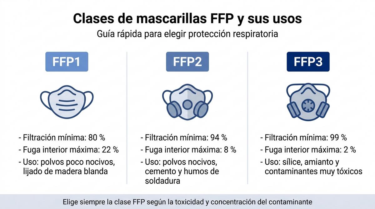 Infografía comparativa de las clases de mascarillas FFP1, FFP2 y FFP3 y sus usos recomendados