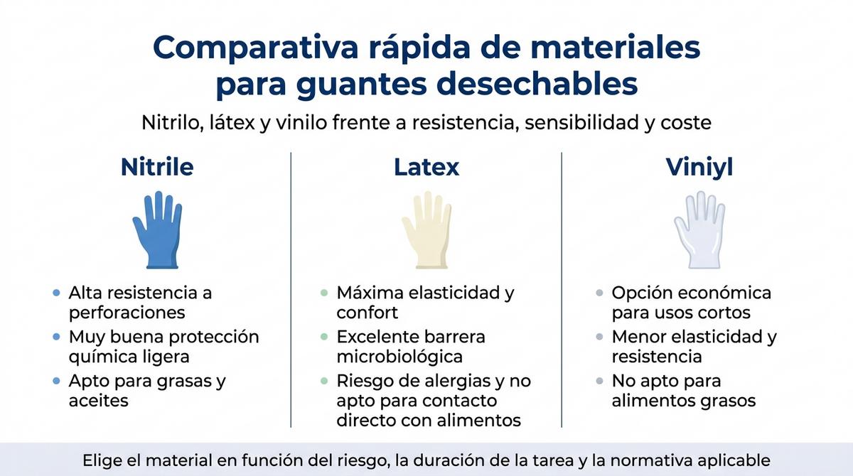 Infografía comparativa de materiales de guantes desechables de trabajo: nitrilo, látex y vinilo con sus propiedades clave.