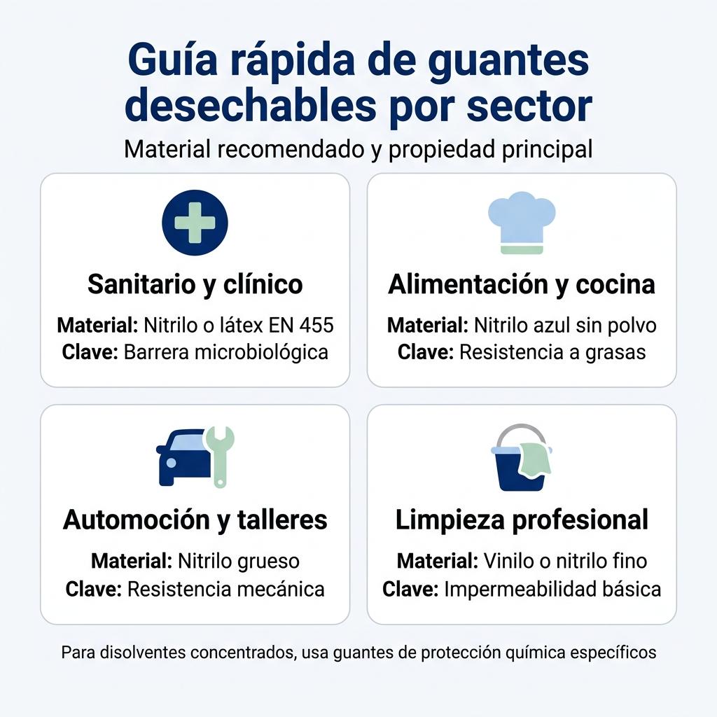 Infografía con guía rápida de selección de guantes desechables por sector profesional y material recomendado.