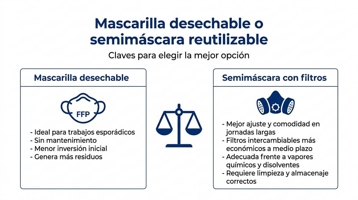 Infografía que compara las ventajas de las mascarillas desechables frente a las semimáscaras con filtros intercambiables