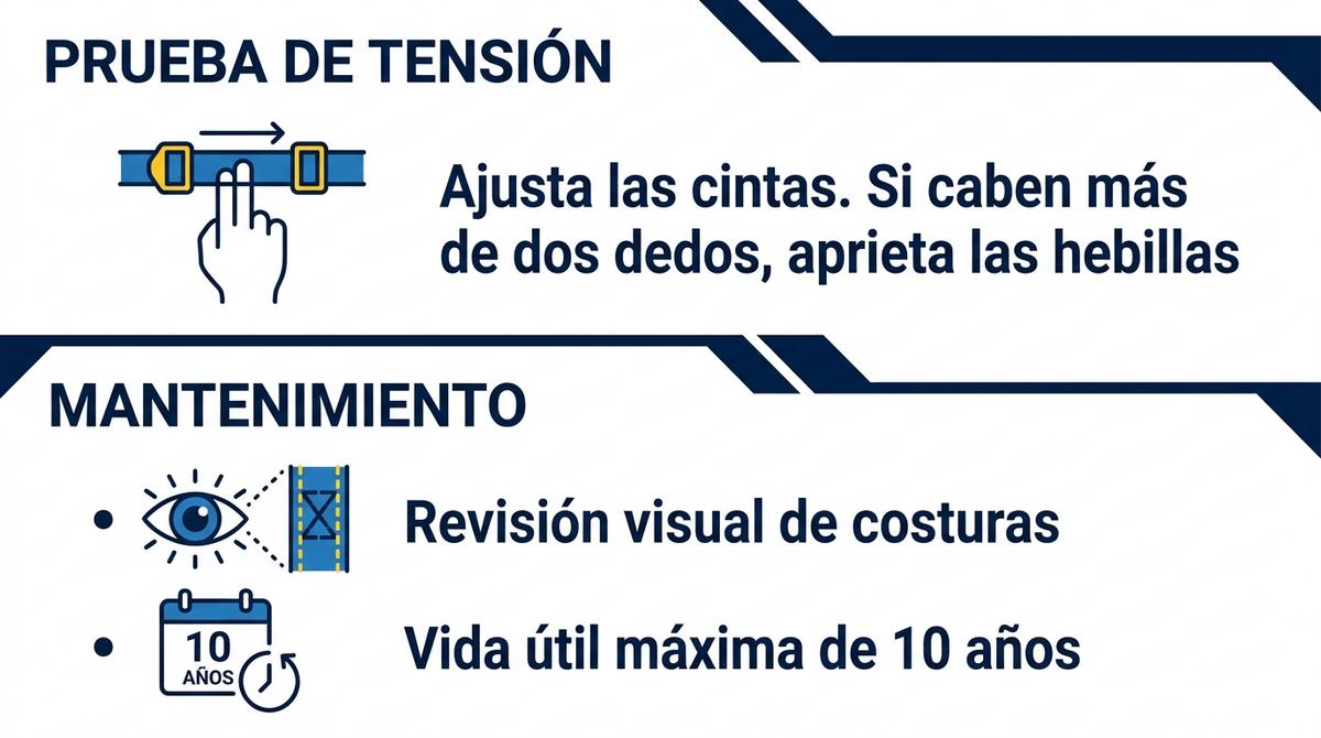 Infografía sobre el ajuste corporal del arnés y las pautas de mantenimiento visual y vida útil