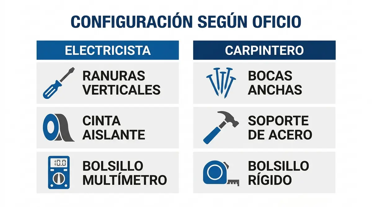 Infografía comparativa que detalla la configuración ideal del cinturón portaherramientas para electricistas y carpinteros.