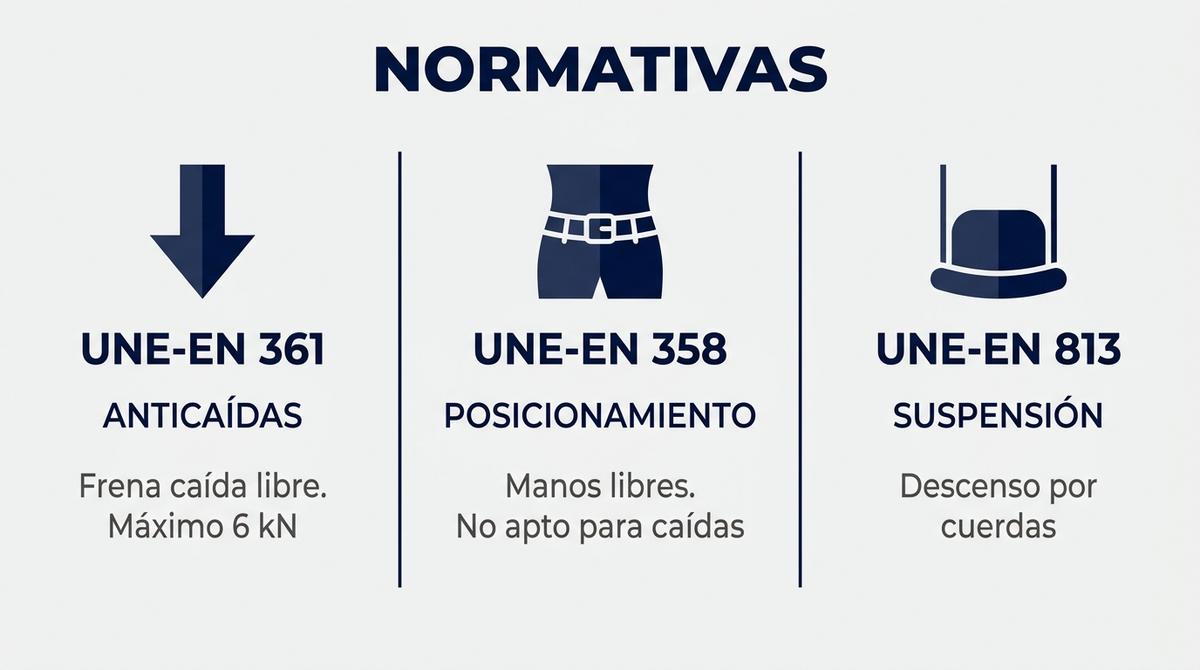Infografía comparativa de las normativas de seguridad EN 361, EN 358 y EN 813 para arneses laborales