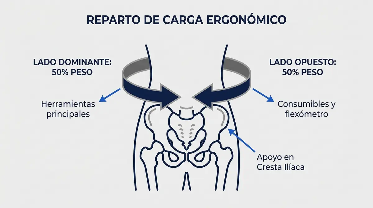 Diagrama explicativo sobre el reparto de carga simétrico en un cinturón portaherramientas para evitar dolores lumbares.