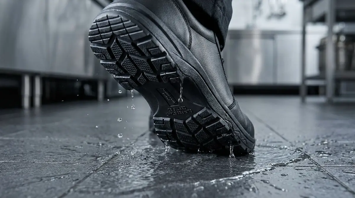 Fotografía macro de la suela de un zapato de trabajo para hostelería, destacando su diseño ergonómico y su suela de goma antideslizante certificada.