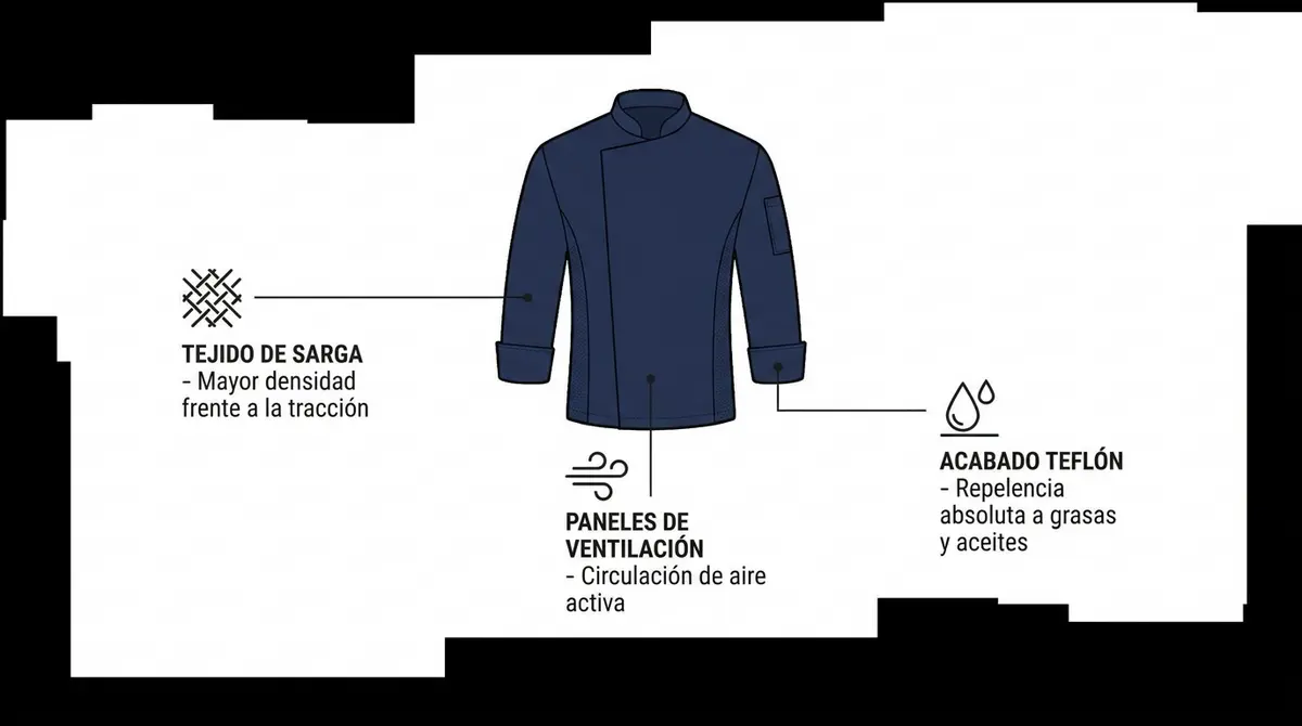 Diagrama de diseño técnico que resalta las características y acabados protectores de una chaqueta de cocina profesional para hostelería.