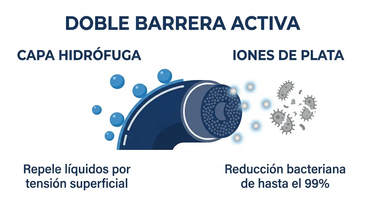 Diagrama explicativo de la barrera hidrófuga y la acción antimicrobiana de los iones de plata en uniformes médicos de alto rendimiento.