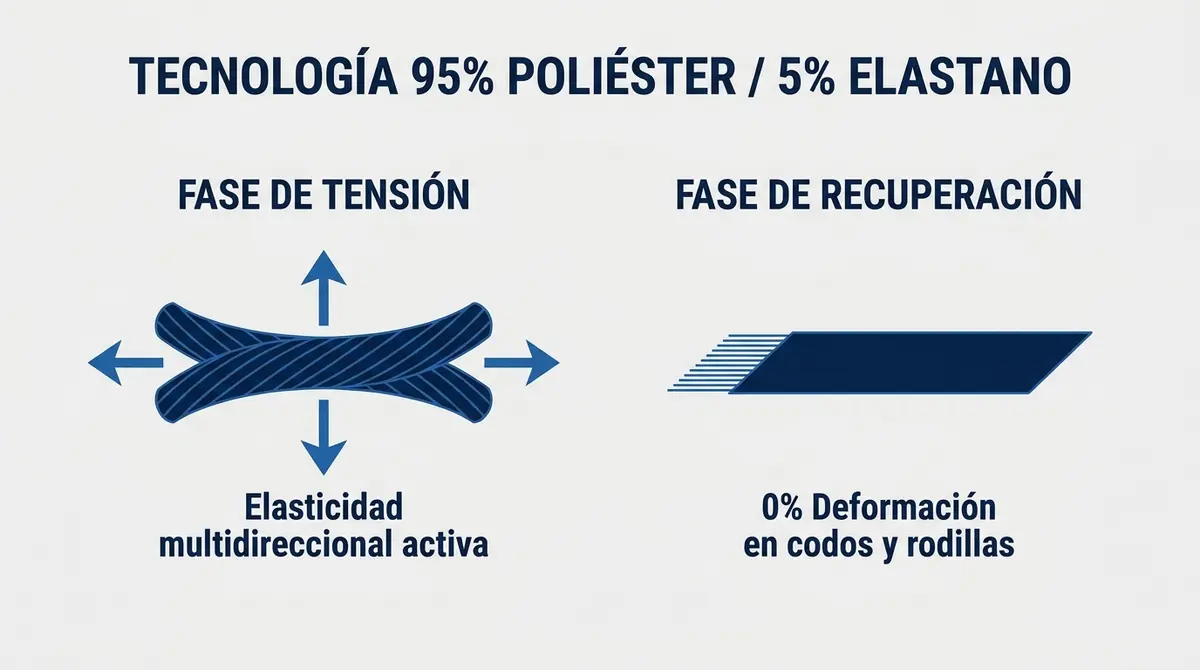 Infografía técnica que muestra el comportamiento de estiramiento y recuperación del tejido con 95% poliéster y 5% elastano.