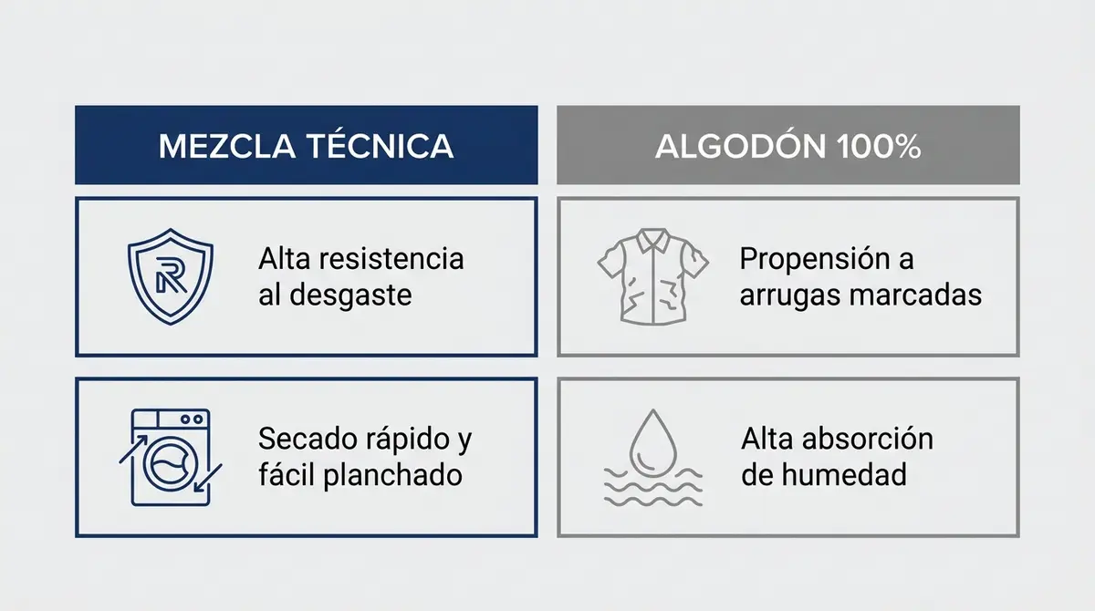 Infografía comparativa detallada entre la mezcla técnica de poliéster y algodón y el algodón cien por cien para la durabilidad en uniformes de hostelería.